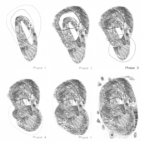 Figure 13. Sequential production of Leo’s last complete mandala (fig. 2), phases 1–6, courtesy of Leo Caliandro